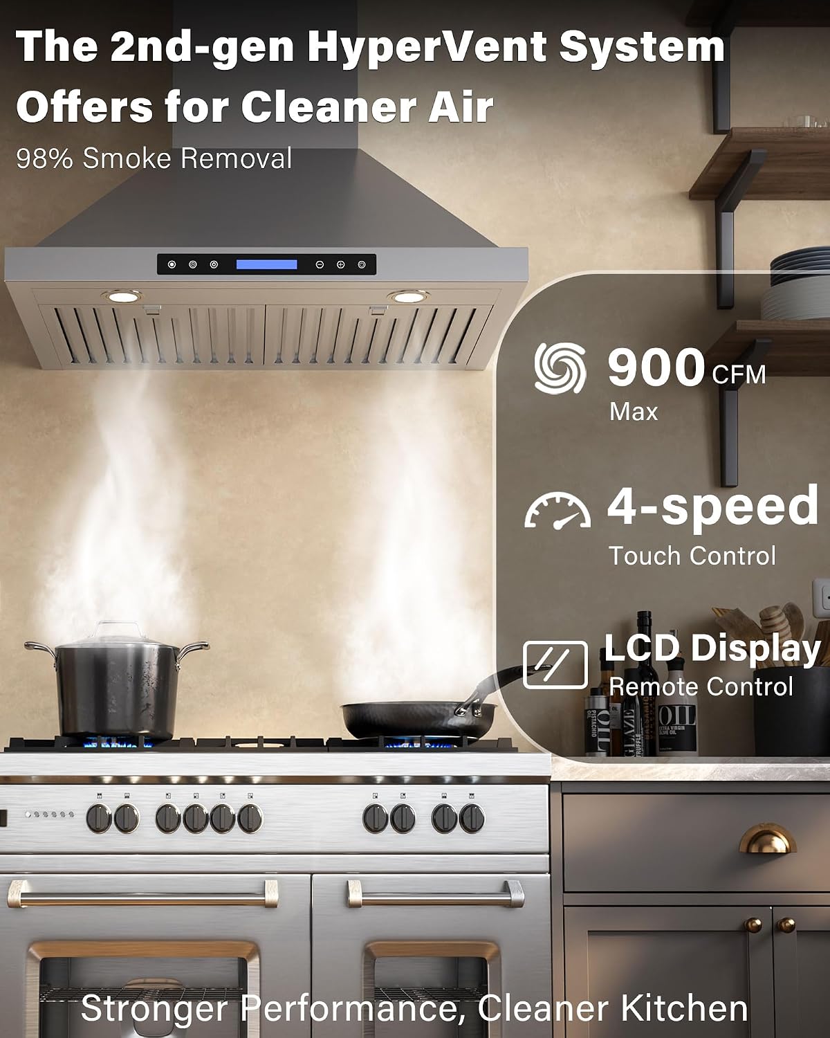 30 inch Wall-Mounted Range Hood 900 CFM, Stainless Steel