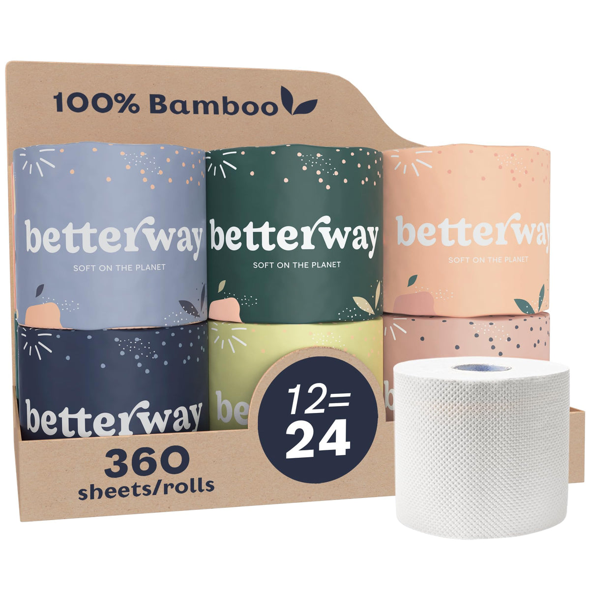 Betterway Bamboo Toilet Paper 3 Ply - Sustainable Toilet Tissue - 12 Double Rolls & 360 Sheets Per Roll - Septic Safe - Organic, Plastic Free - FSC Certified