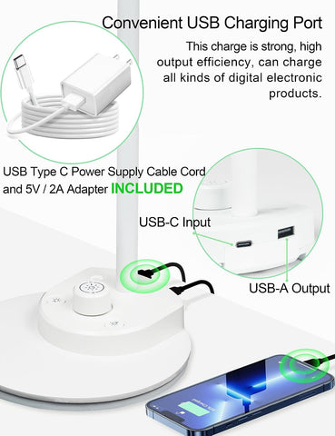 BOHON LED Desk Lamp with USB Charging Port, 3 Color Modes Dimmable, White