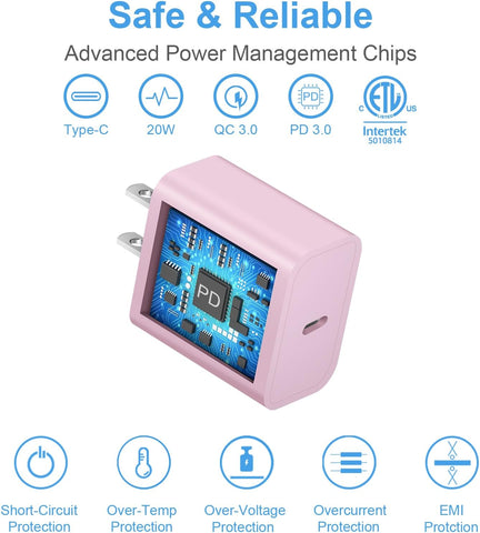 iPhone 17 16 15 Charger Fast Charging 3+3Pack 20W USB C Wall Charger with Extra Long 10FT Fast Charging Cable Compatible with iPhone 17/17 Air/17 Pro/17 Pro Max/iPhone 16/15 Series, iPad Pro-Pink