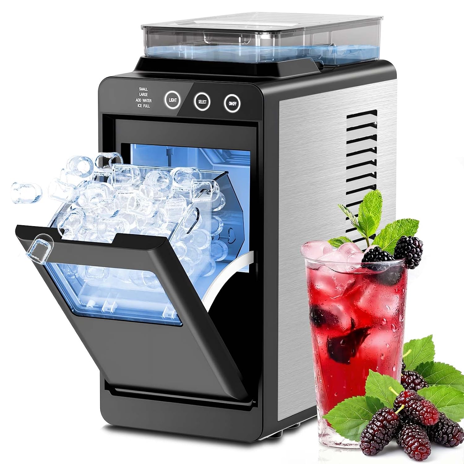 Kismile Countertop Ice Maker with 1.2L Top Water Tank, 8 Bullet Cubes in 6 Mins, 26.5lbs in 24Hrs, 2 Ice Sizes, Self-Cleaning Portable Ice Maker with Basket and Scoop, for Home/Camping/RV, Black