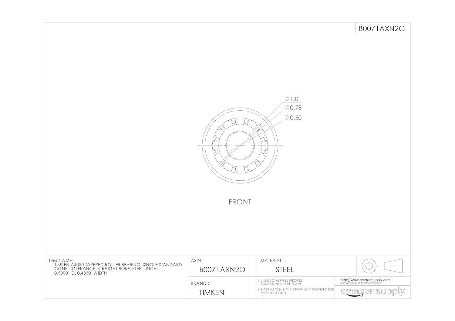Timken A4050 Tapered Roller Bearing, Single Cone, Standard Tolerance, Straight Bore, Steel, Inch, 0.5000" ID, 0.4330" Width