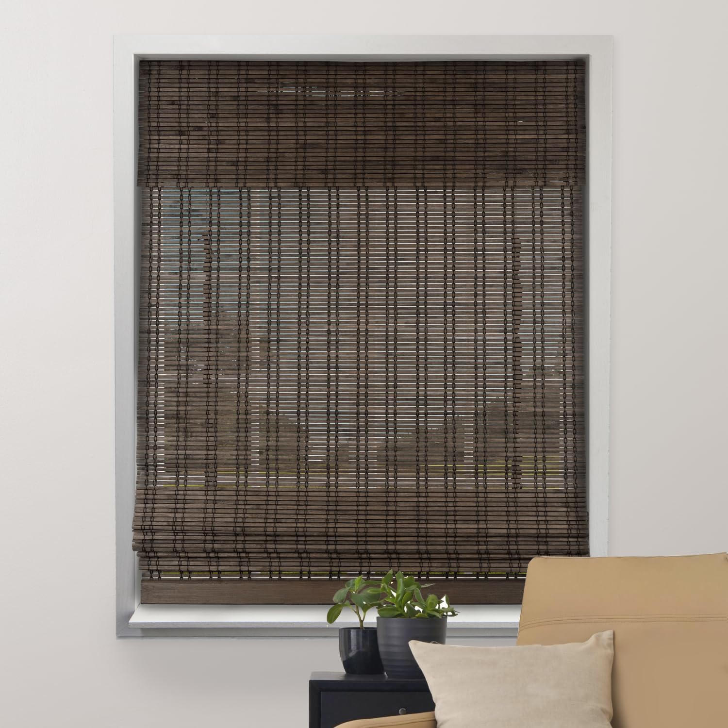 ARLO BLINDS Bamboo Roman Shades w/Valance 34" W x 74" H, Dali Walnut