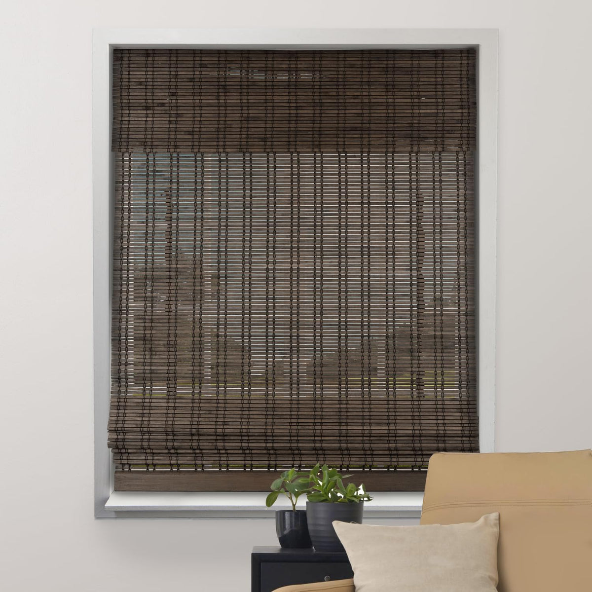 ARLO BLINDS Bamboo Roman Shades w/Valance 34" W x 74" H, Dali Walnut