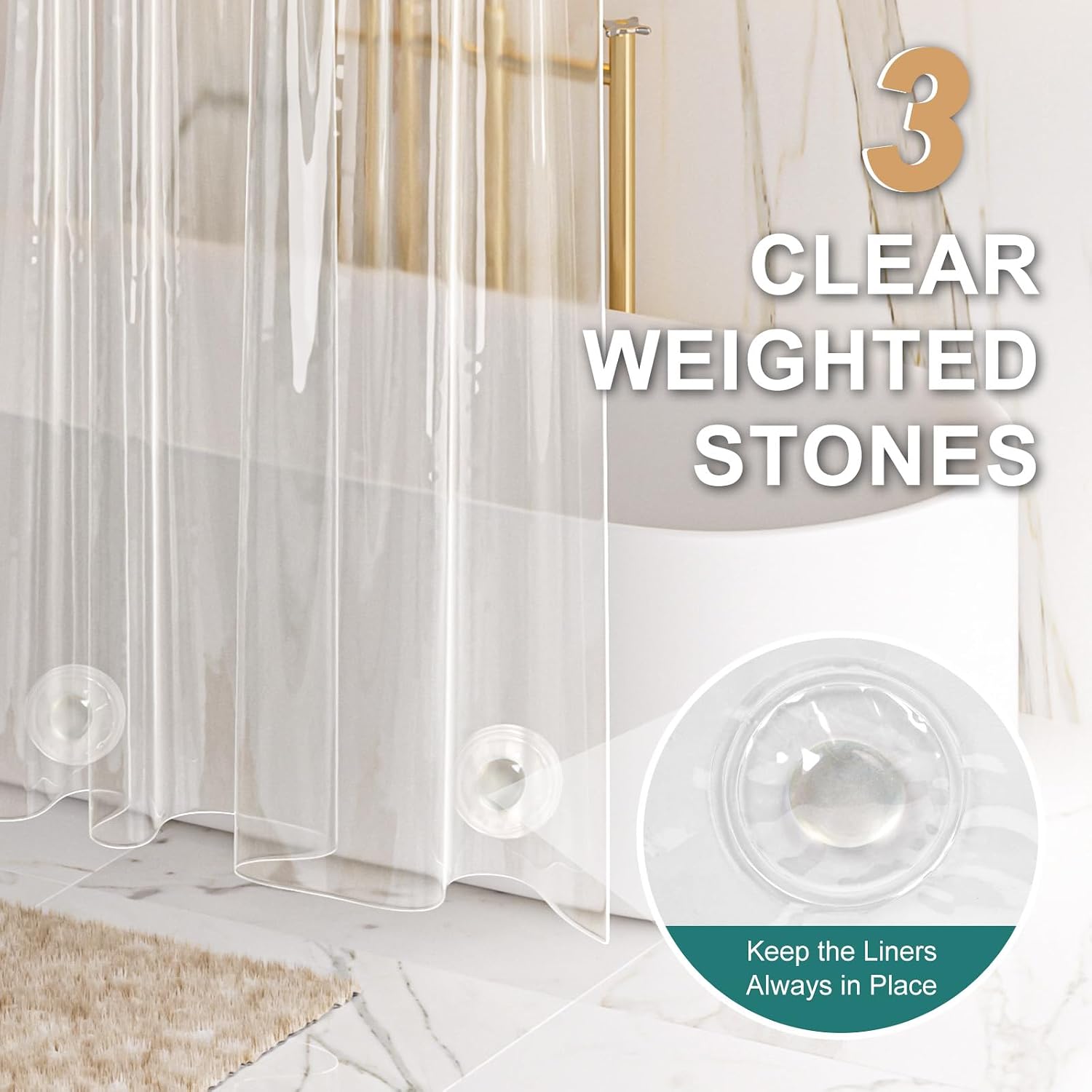 AmazerBath Heavy Duty Shower Curtain Liner 12 Gauge, 72 x 78 Inches Clear Shower Curtain Liner with 3 Clear Stones and 12 Grommet Holes, Weighted Plastic Shower Liner