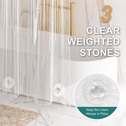 AmazerBath Heavy Duty Shower Curtain Liner 12 Gauge, 72 x 78 Inches Clear Shower Curtain Liner with 3 Clear Stones and 12 Grommet Holes, Weighted Plastic Shower Liner