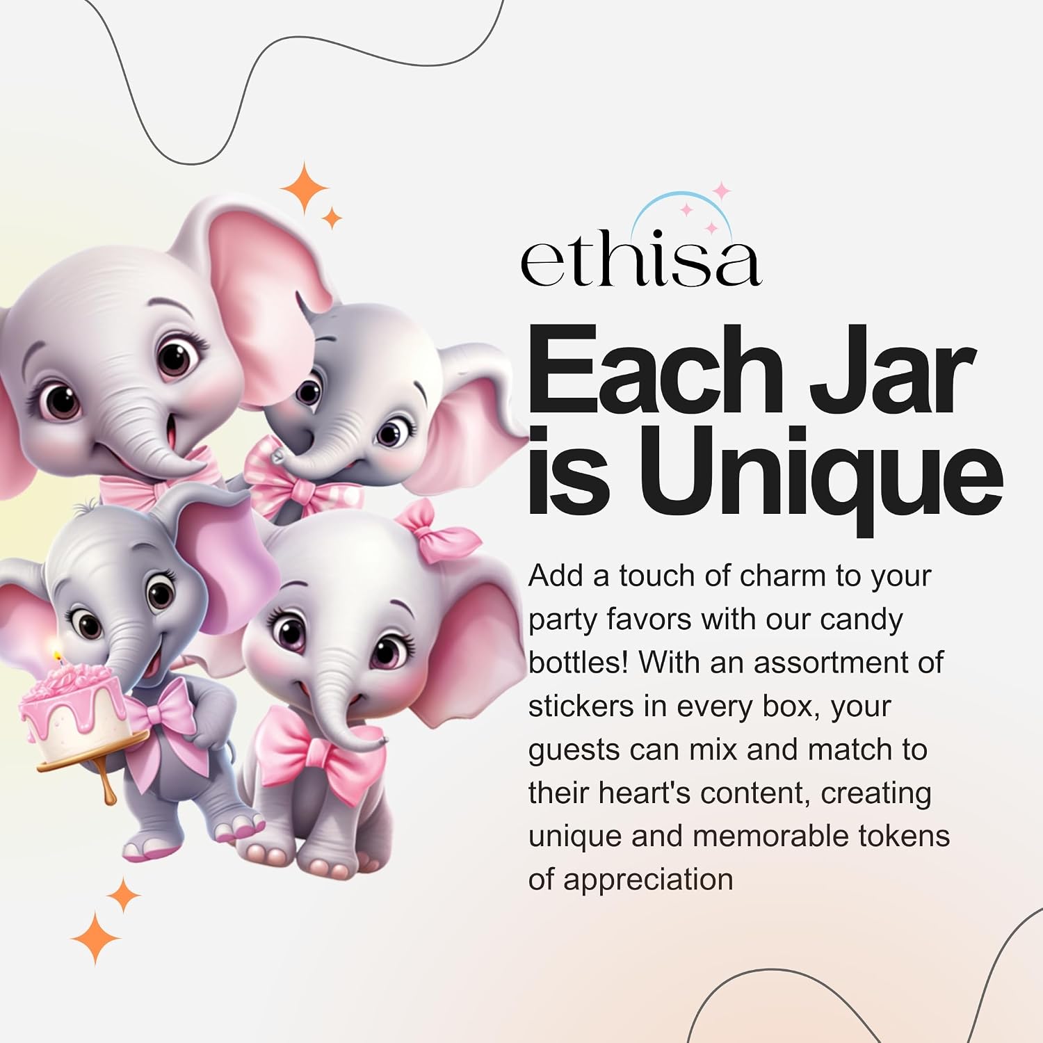 Ethisa Small 12 Pack Pink Elephant Party Favors - Candy Jars with Ribbons and Stickers - DIY Party Decoration Bottles for Baby Shower, Birthday, Gender Reveal, and Classroom - Girl Table Centerpiece