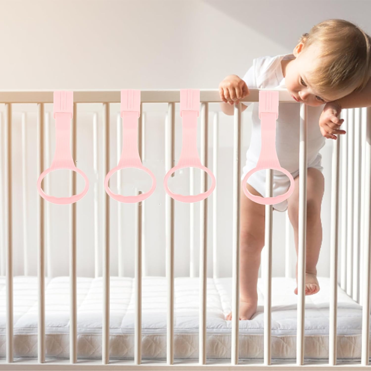 4Pcs Baby Playpen Pull up Rings, Pull up Rings for Play Pen, Playpen Accessories for Help Stand Up Walking Training Tool Newborn (Pink)