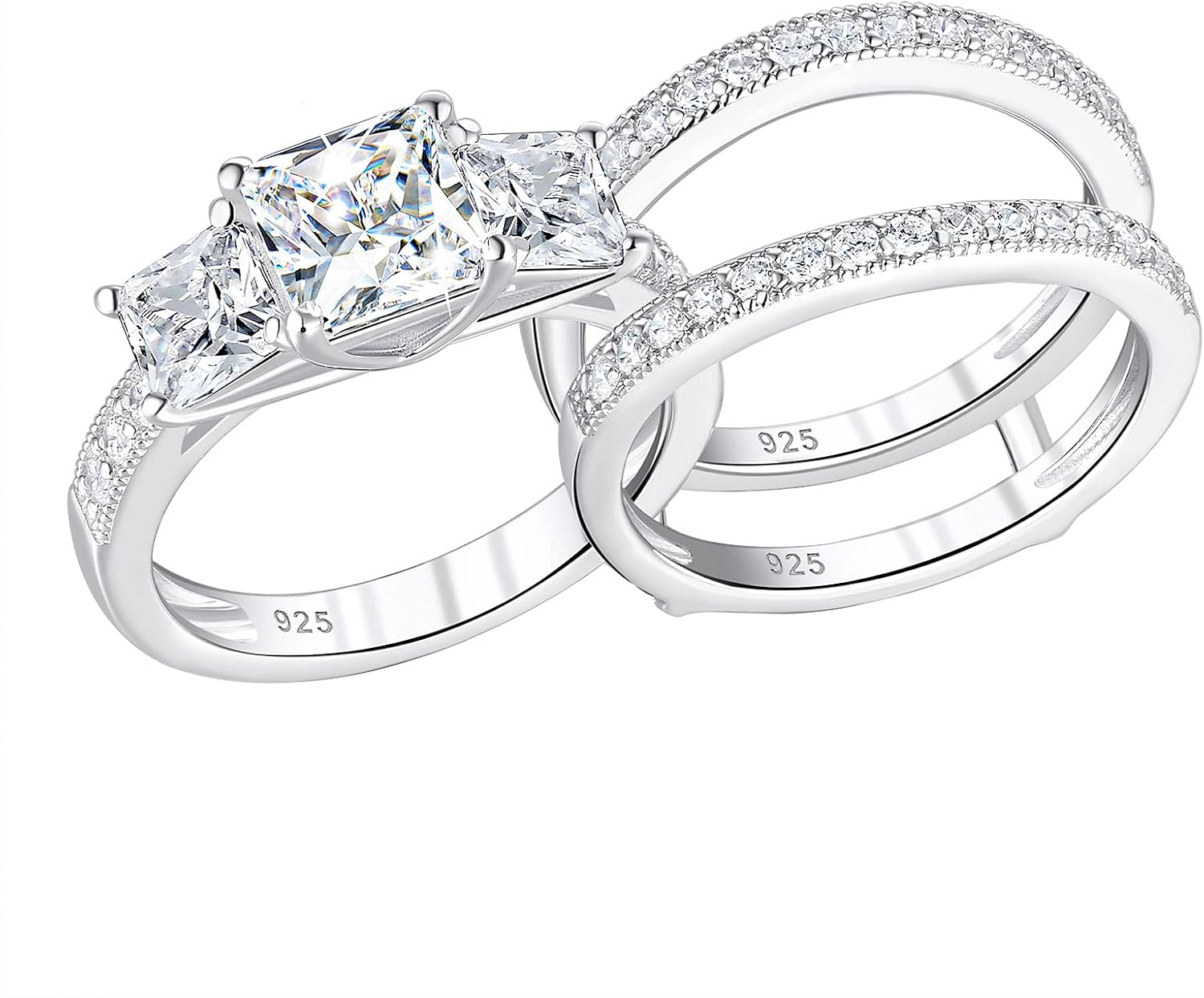 SHELOVES 925 Sterling Silver Three-Stone Princess CZ Wedding Rings Set