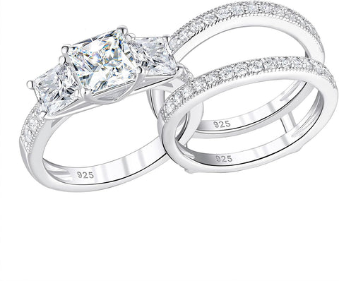 SHELOVES 925 Sterling Silver Three-Stone Princess CZ Wedding Rings Set