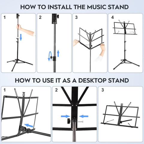 New Bee Music Stand Foldable & Portable Metal Sheet Music Stand with Carrying Bag, Adjustable Podium Stand with Tripod Base and Sheet Music Folder - Black