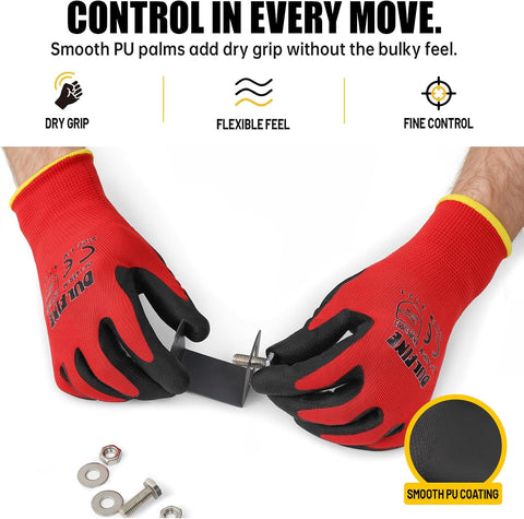 DULFINE Safety Work Gloves for Men & Women 12 Pairs, PU Coated Red XL