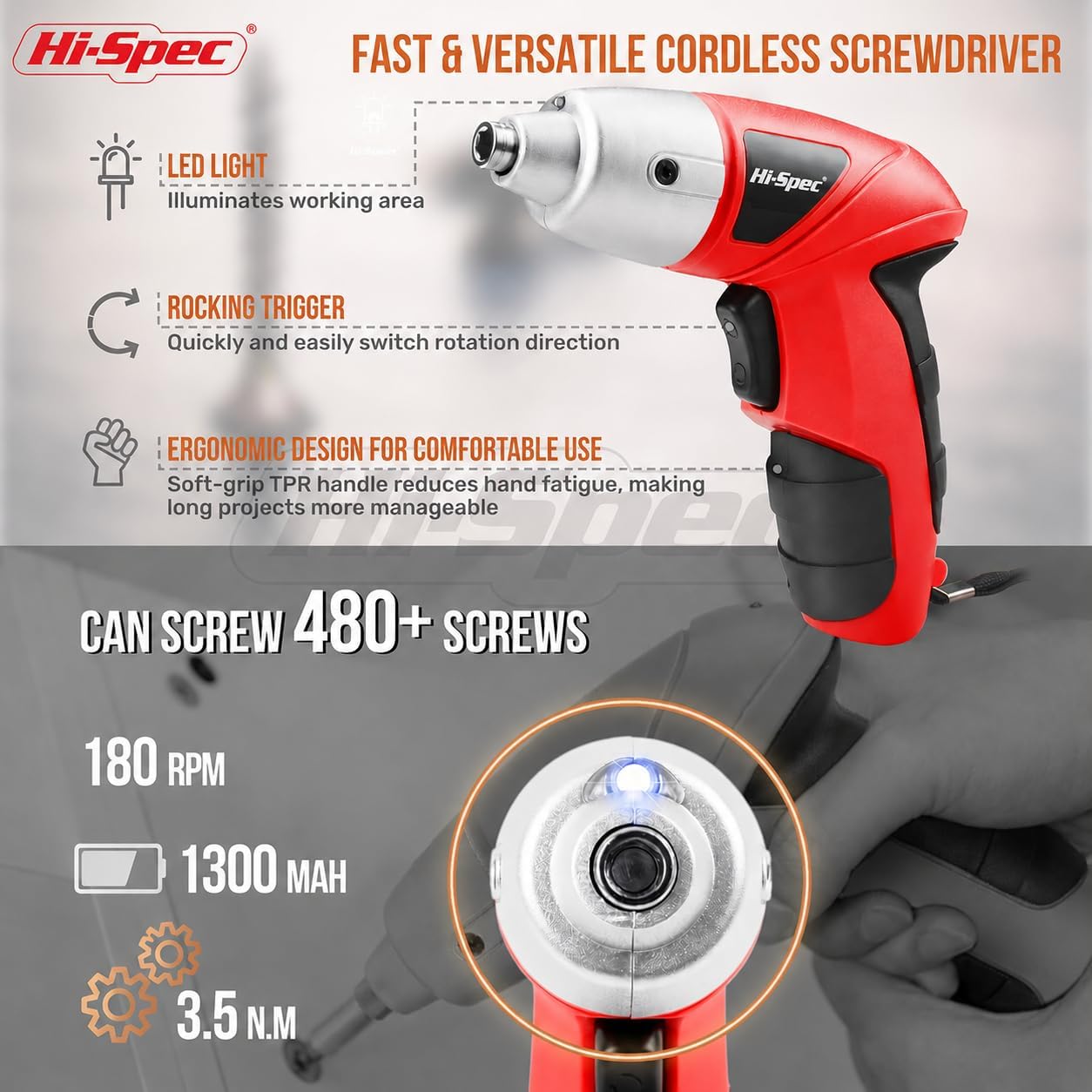 Hi-Spec 3.6V USB Small Power Screwdriver & Home DIY Tool Kit with Case, Red