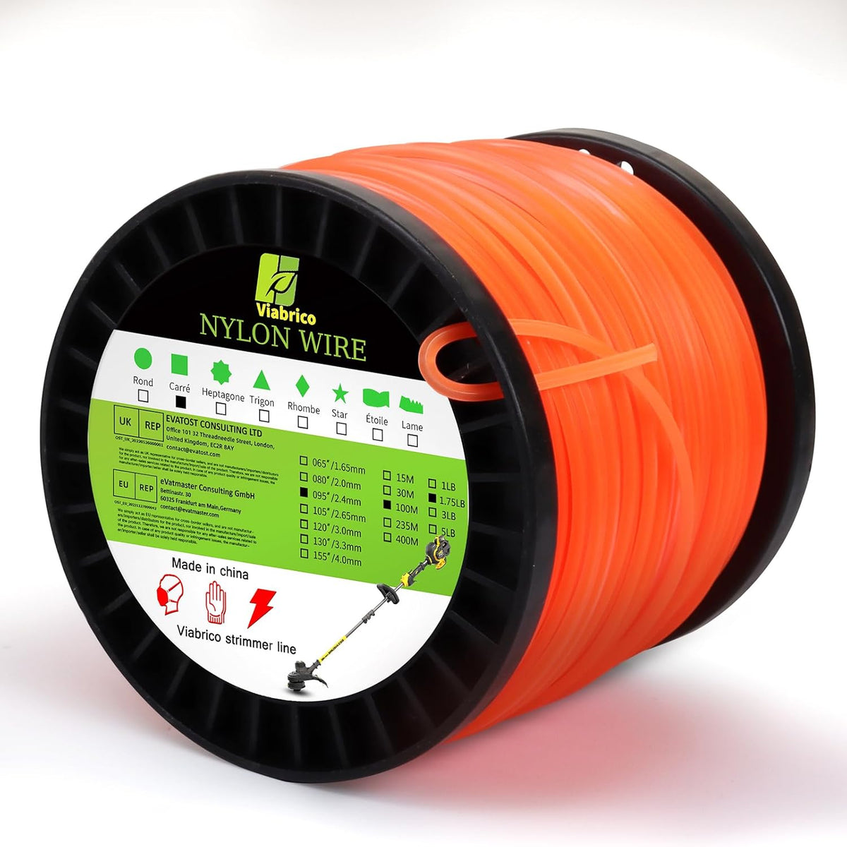Viabrico .095" Weed Eater String, Square Orange Heavy Duty String Trimmer Line, Weed Wacker String Universal Commercial Grade, Premium Nylon Weedeater Line 0.095" x 1.7LB, 330Foot