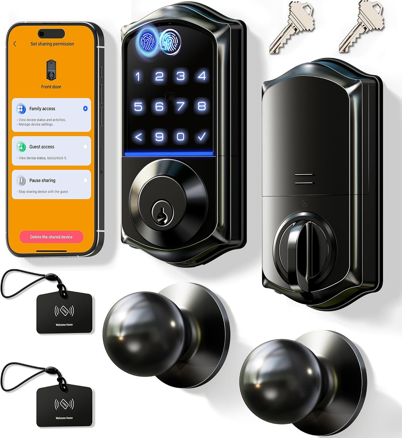 Veise VE017-K Fingerprint Smart Front Lock with Knob Set, APP, Matte Black