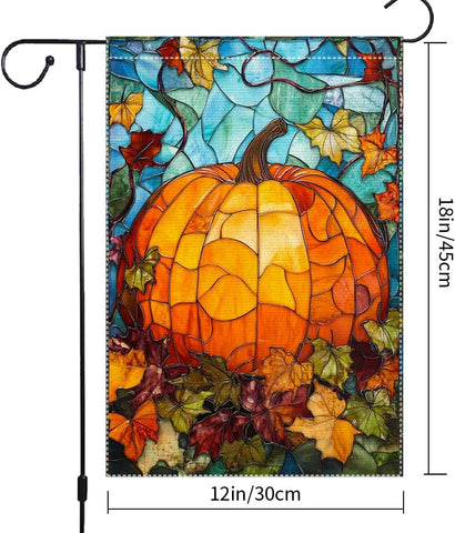 Fall Garden Flag For Outdoor Decor Thanksgiving Garden Flags Autumn Stained Glass Pumpkin Maple Leaf Double Sided Small Burlap Outside Porch Lawn Yard Flags Decorations 12.5x18 Inch