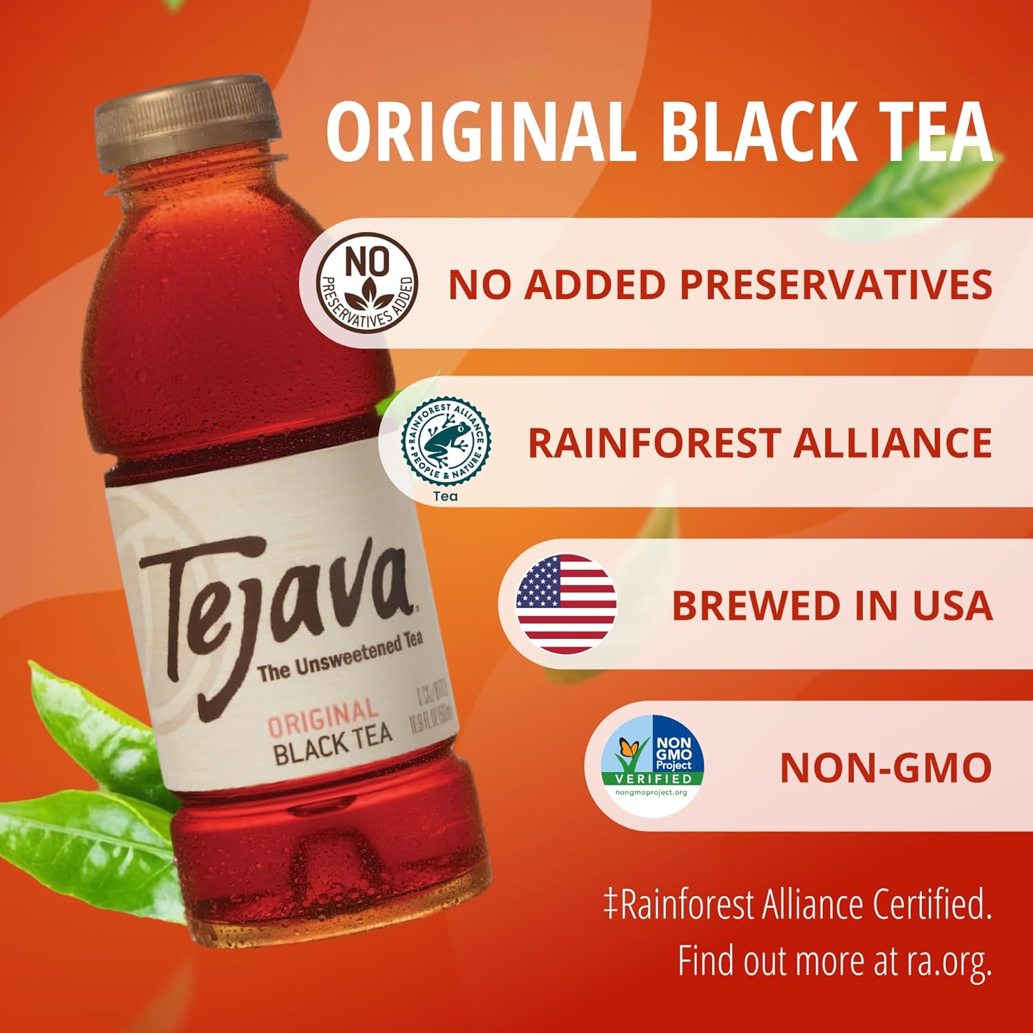 Tejava Original Unsweetened Black Iced Tea, 16.9 fl oz, Pack of 12 | BPA-Free 30% rPET Bottles, Java Black Tea Leaves, No Sugar, No Sweeteners, 33 mg Caffeine Per 8 Oz