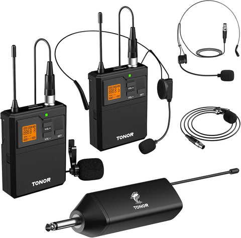 TONOR UHF Wireless Microphone System, 2 Sets Bodypack & Lavalier Mic