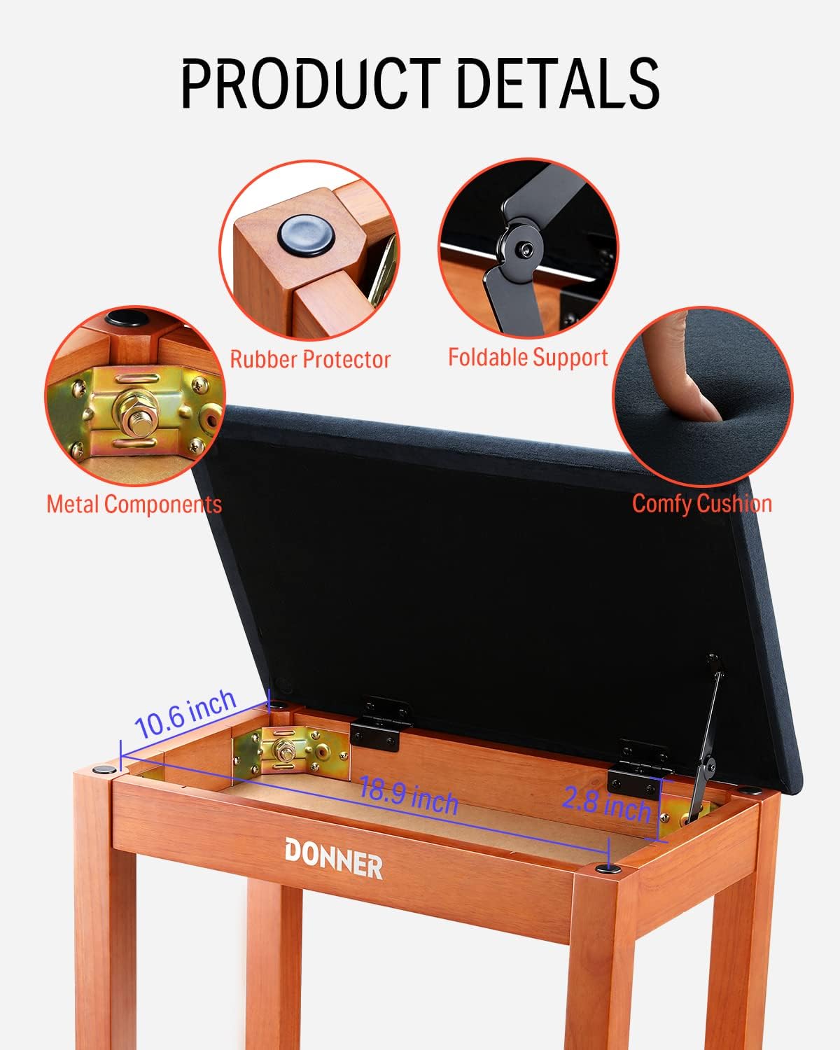 Donner Piano Bench with Storage, Solid Wood Keyboard Bench Piano Bookcase Stool Chair Seat with High-Density Suede Cushion, Wood Finish Color