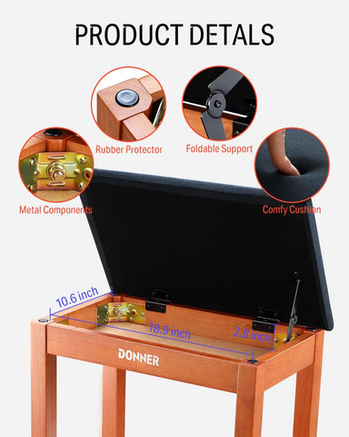 Donner Piano Bench with Storage, Solid Wood Keyboard Bench Piano Bookcase Stool Chair Seat with High-Density Suede Cushion, Wood Finish Color