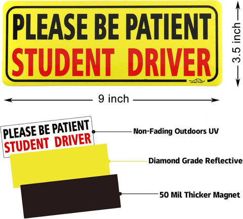 JUSTTOP 3pcs Student Driver Magnet for Car, Please Be Patient Student Driver, New Drivers Sticker Safety Warning, Magnetic Reflective Rookie Driver Bumper Sticker (Black&Red)