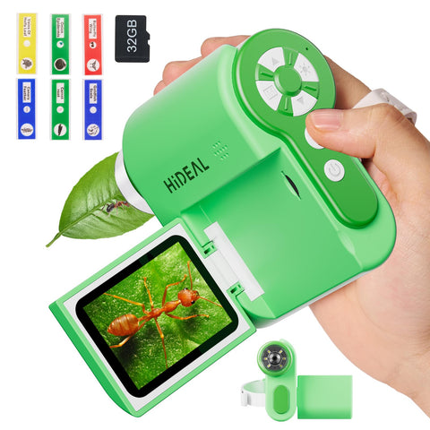 Hideal HP20 Microscope for Kids 1000X [3-in-1] [Easy and Fun] 2" IPS Portable Handheld Microscope Miniscope, Pocket Mini Scope Educational Science Kit, Christmas Birthday Gifts for Kids, 32GB, Green