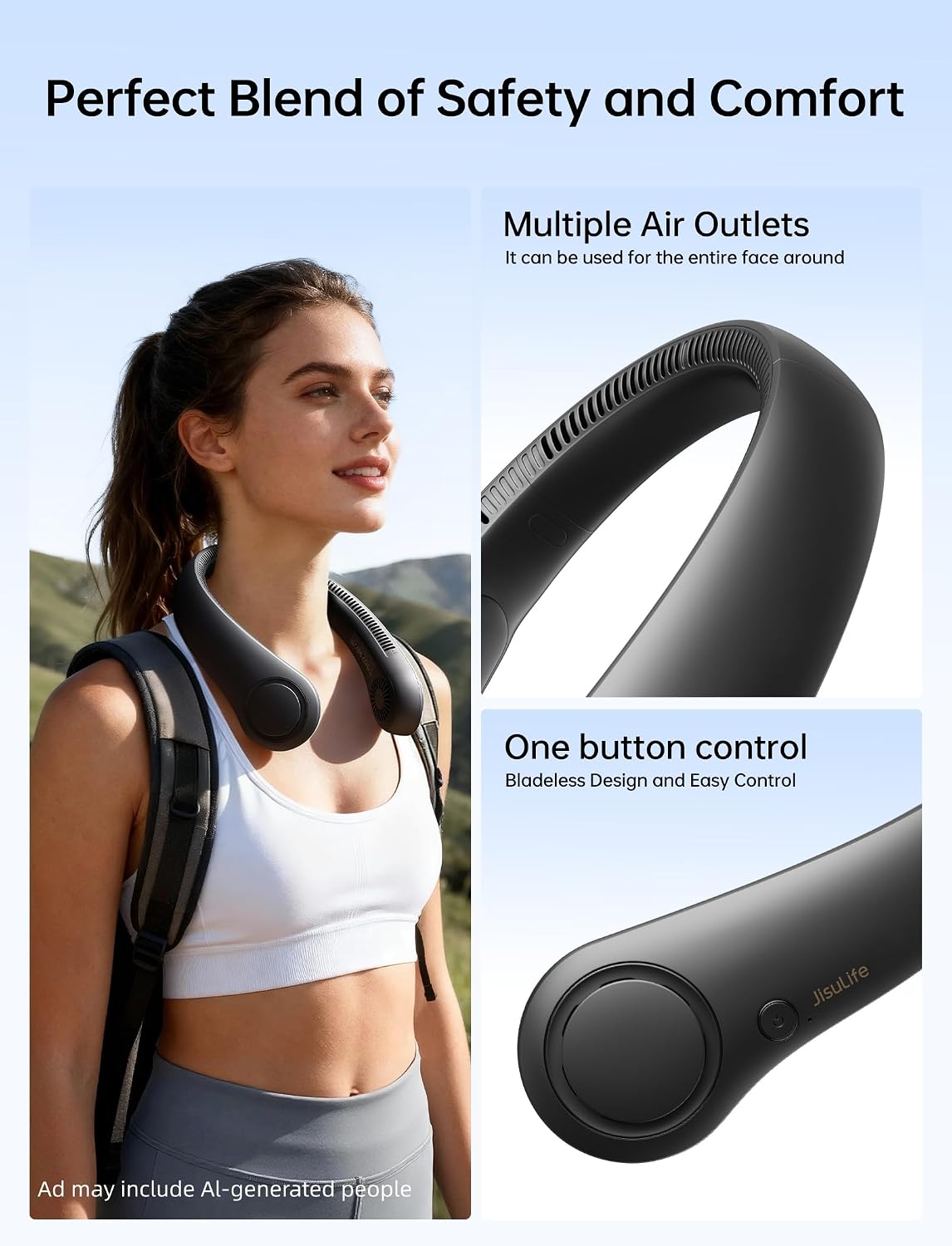 JISULIFE Portable Neck Fan, Hands-Free Bladeless, 5 Speeds, 4000 mAh