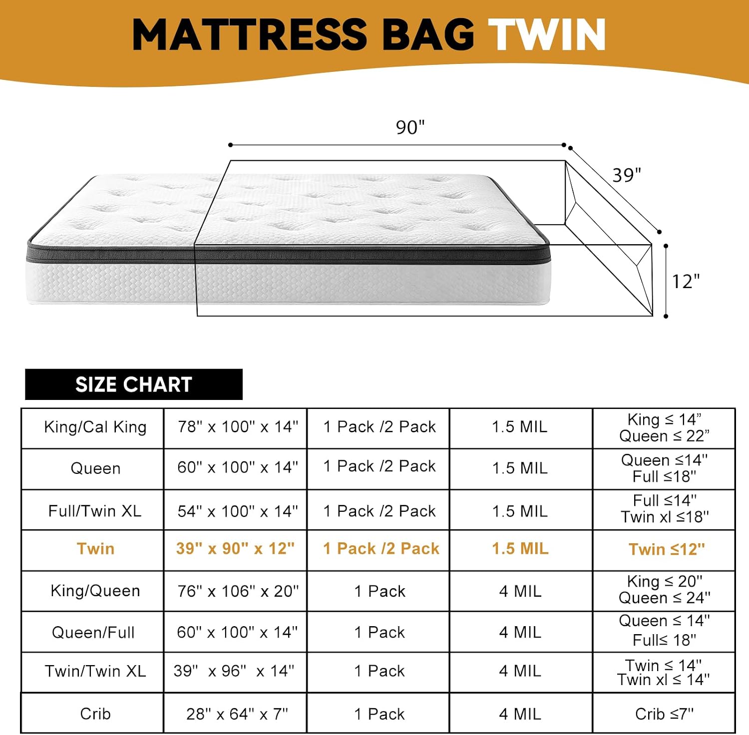 Twin Mattress Bags for Moving and Disposal – Plastic Mattress Protector for Storage,Waterproof Mattress Cover,TearResistant Mattress Wrap,Home Storage,Moving Supplies