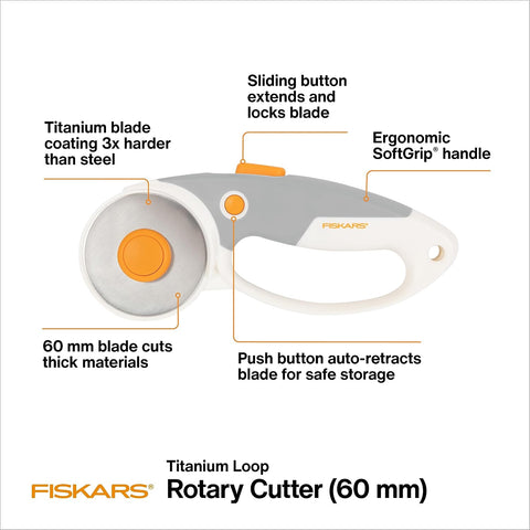 Fiskars 60mm Loop Titanium SoftGrip Rotary Cutter for Fabric & Sewing