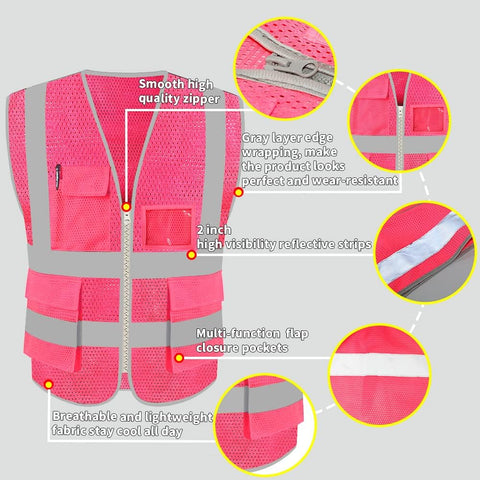 HYCOPROT High Visibility Mesh Safety Reflective Vest with Pockets and Zipper, Meets ANSI/ISEA Standards