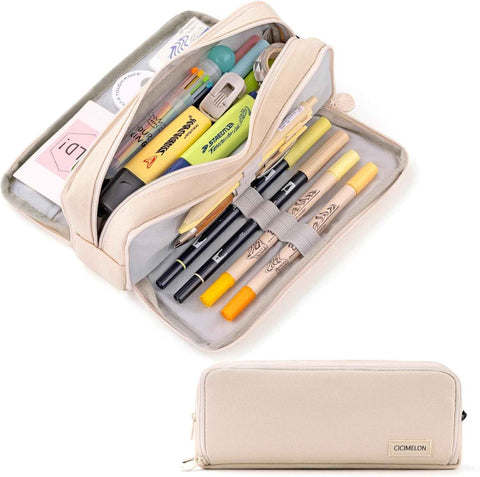 CICIMELON Large Capacity Pencil Case 3 Compartment Pouch Pen Bag for School Teen Girl Boy Men Women (Beige)