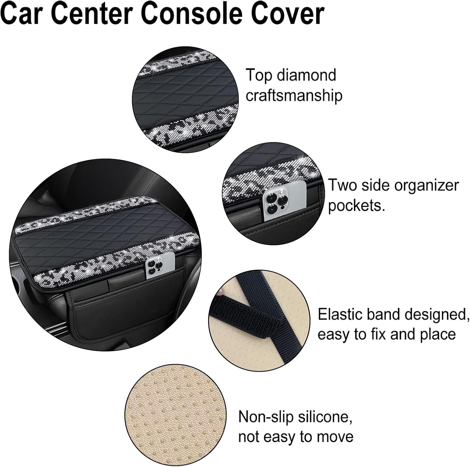NBTEPEM Bling Snow Leopard Center Console Cover, Leather Car Arm Rest Cover Cushion with 2 Storage Bags, Middle Console Cover Universal Armrest Protector Pads, Cheetah Leopard Print Bling Accessories