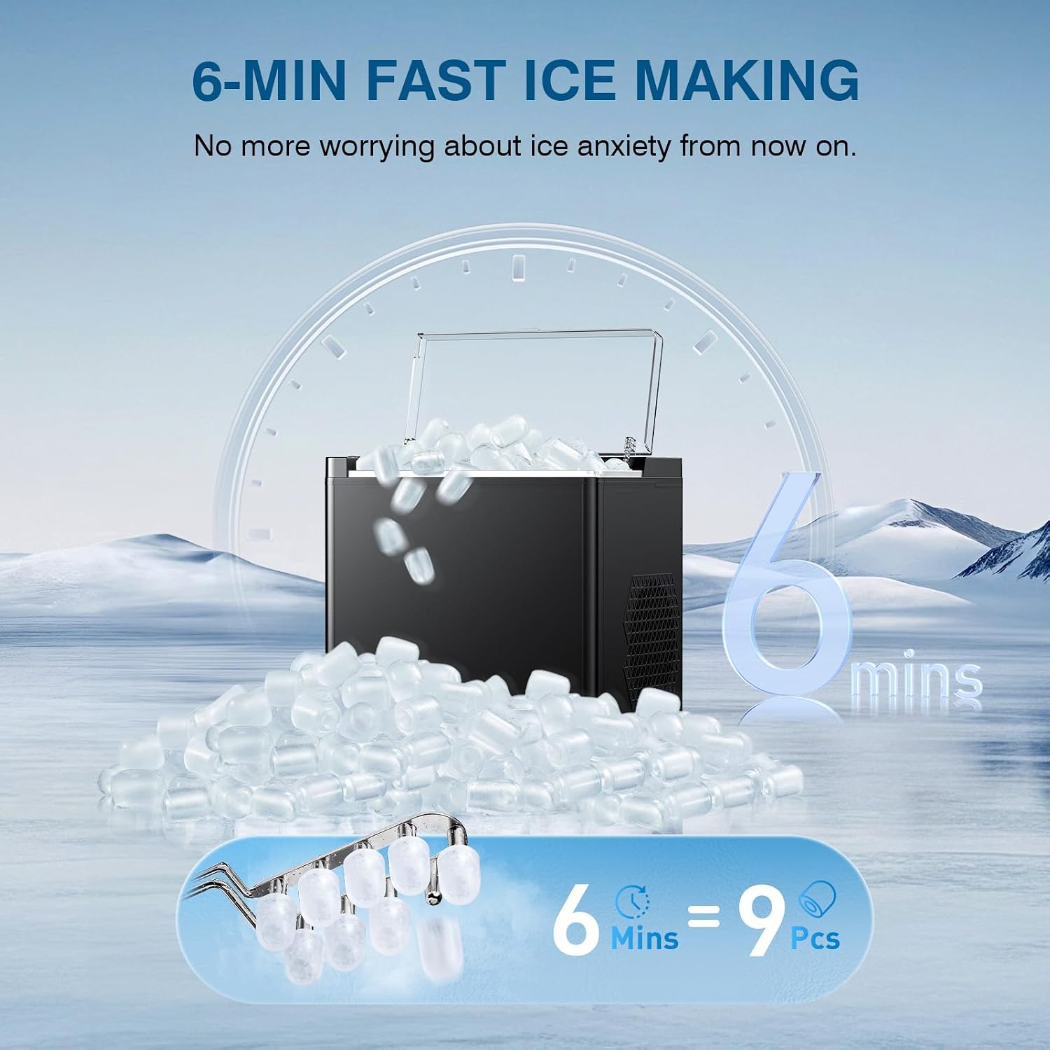 Countertop Ice Makers Machine, Portable Ice Machine Producing 9 Ice Cubes Within 6 Mins, Bullet Ice Available in Two Sizes(S/L), Compact Mini Ice Maker Appliance for Home Kitchen Camping (Somber)