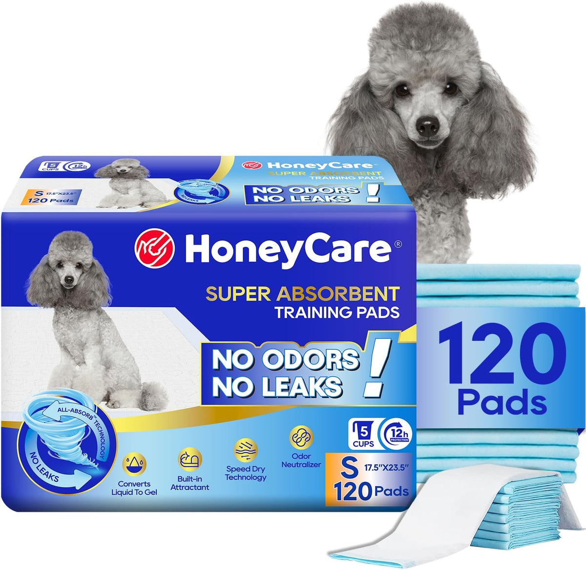 Honey Care All-Absorb, Small 17.5" x 23.5", 120 Count, Dog and Puppy Training Pads, Ultra Absorbent and Odor Eliminating, Leak-Proof 5-Layer Potty Training Pads with Quick-Dry Surface, Blue, A05