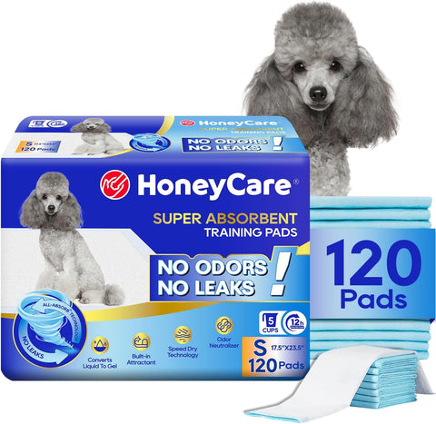 Honey Care All-Absorb, Small 17.5" x 23.5", 120 Count, Dog and Puppy Training Pads, Ultra Absorbent and Odor Eliminating, Leak-Proof 5-Layer Potty Training Pads with Quick-Dry Surface, Blue, A05