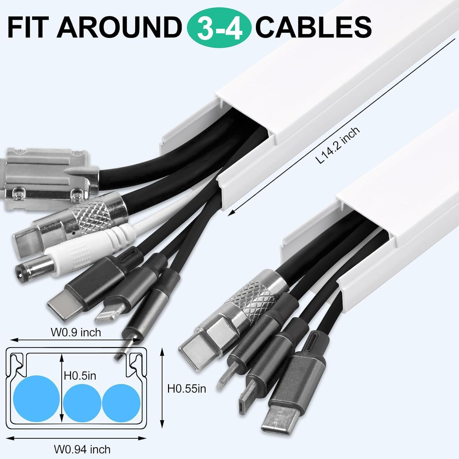 Rindion Cord Hider, 85.2in TV Cable Hider, Cord Covers for Wires on Wall, Self-Adhesive Wire Hider for TV on Wall Cable Management, 6 x L14.2 x W0.94x H0.55in - White (Pack of 3)