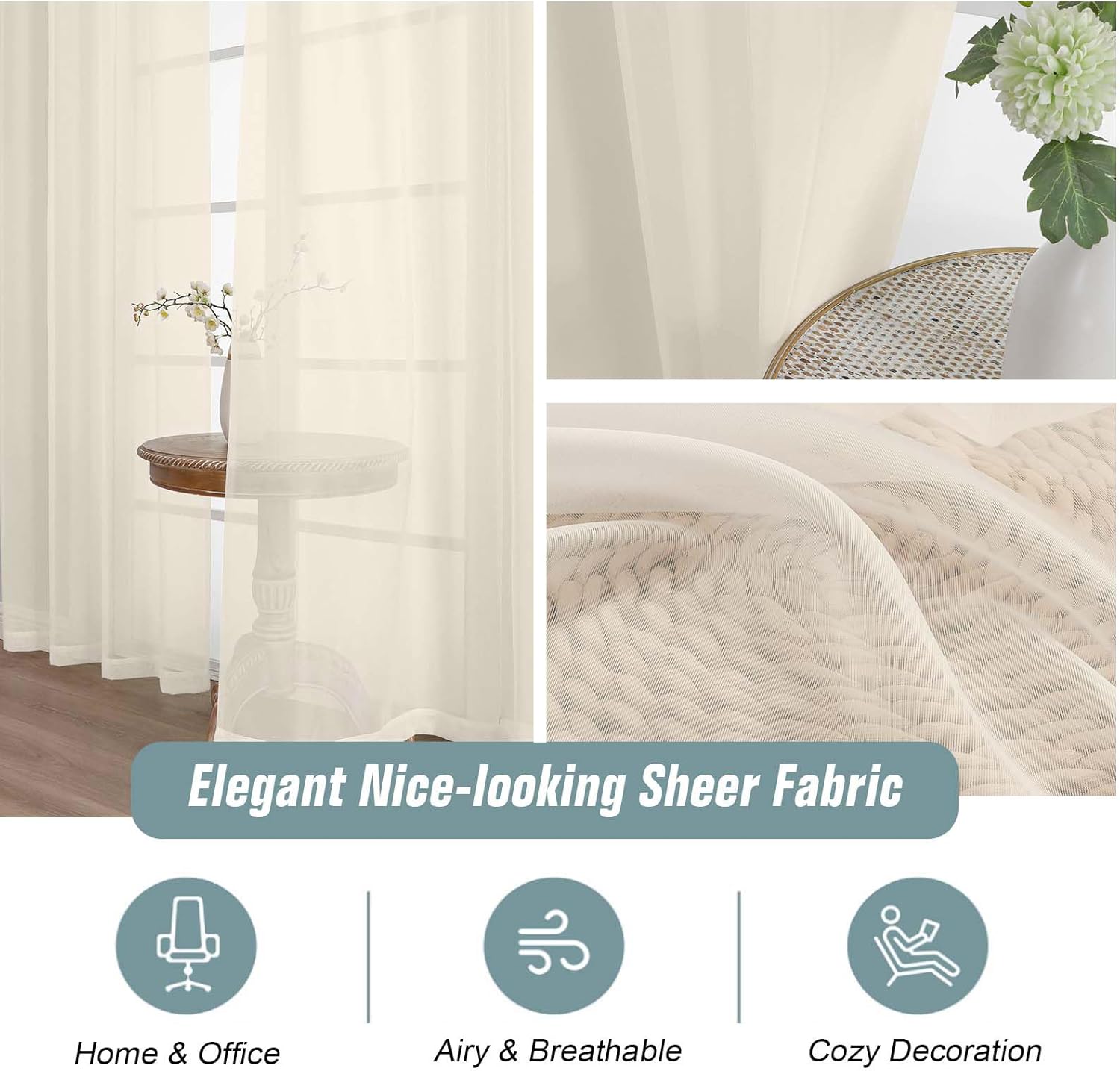 Extra Wide Cream Sheer Curtains 72 Inches Long 2 Panels, Light Filtering Lightweight Solid Sheer Curtains for Bedroom Living Room, Window Voile Sheer Drapes, Dual Rod Pocket, 2x59Wx72L Inches
