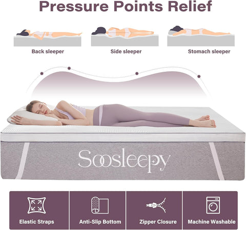 SOOSLEEPY 3 Inch Memory Foam Mattress Topper Queen Size with Removable Soft Cover Ventilated Breathable Cooling Mattress Pad Portable Bed Topper for Back Pain, CertiPUR-US Certified