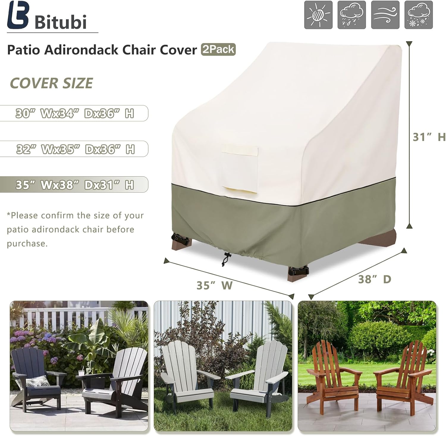 Bitubi Waterproof 2 Pack Patio Adirondack Chair Cover