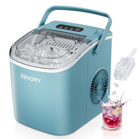 EUHOMY Countertop Ice Maker Machine with Handle, 26lbs Per Day, 9 Ice Cubes Ready in 6 Mins, Auto-Cleaning Portable Ice Maker with Basket and Scoop, for Home/Kitchen/Camping/RV (Blue)