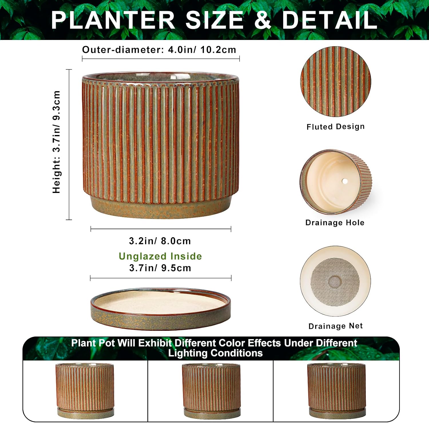 4 Inch Pots for Plants, Ceramic Plant Pots with Saucer, Retro Brown