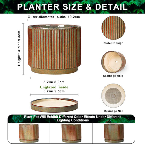 4 Inch Pots for Plants, Ceramic Plant Pots with Saucer, Retro Brown
