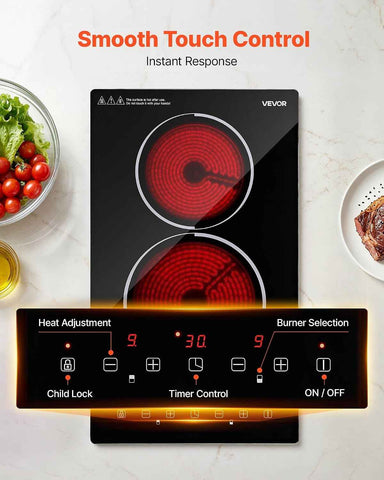 VEVOR Electric Cooktop 12inch 2 Burners Stove Top 3000W 220V No Plug, Ceramic Built-in Radiant Electric Stove, with 9 Power Levels, Timer, Child Lock, Over-Heat Guard, Touch Control