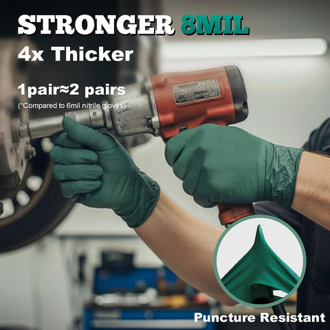 TitanFlex Heavy Duty Industrial Nitrile Gloves with Raised Diamond Texture, 8-mil, Latex Free (Green/Dark Green/Yellow)
