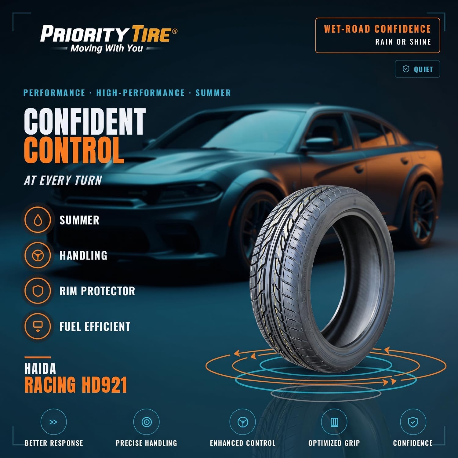 Haida Racing HD921 Summer Passenger Car Performance Radial Tire-185/55R14 185/55/14 185/55-14 80V Load Range SL 4-Ply BSW Black Side Wall UTQG 400AA
