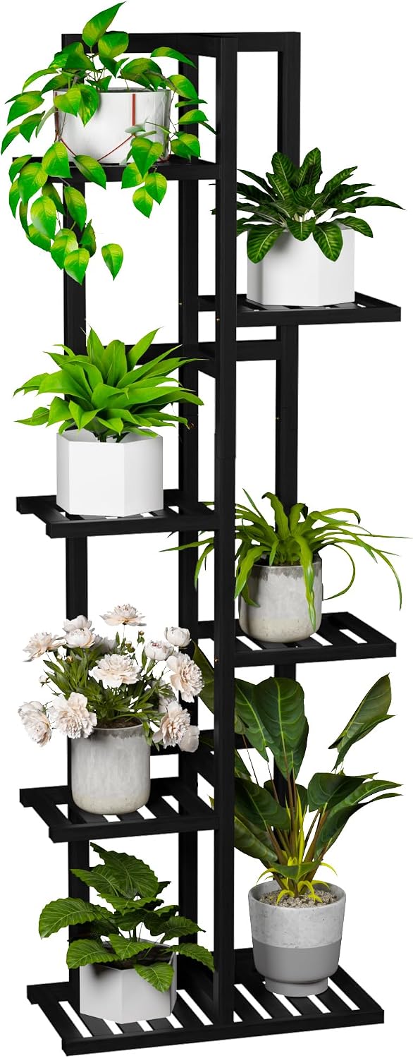 ROMGUAR CRAFT 6 Tier Bamboo Plant Stand Indoor, Tall Flower Holder, Black