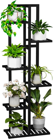 ROMGUAR CRAFT 6 Tier Bamboo Plant Stand Indoor, Tall Flower Holder, Black