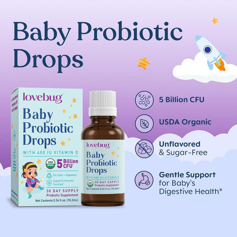LOVEBUG Baby Probiotic Drops - Organic Probiotics for Immune Support and Baby Constipation & Colic Relief - Tasteless & Sugar-Free Liquid Drops for Newborns, Babies & Infants (0-12 Months) - 10ml
