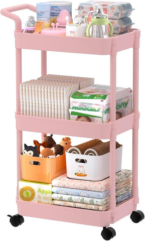 Volnamal Diaper Caddy, 3 Tier Rolling Cart for Baby Essentials, Pink