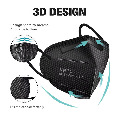 LEMENT 50pcs KN95 Face Mask Black 5-Layer Filter≥95% Cup Dust Safety Masks